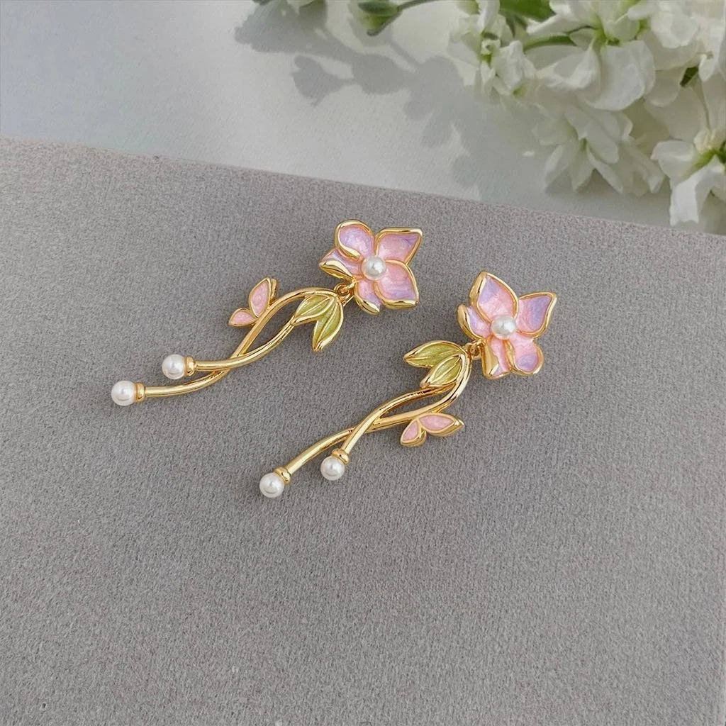 Hand Painted Sweet Floral Enamel Copper Drop Earrings With Pearl Tassels