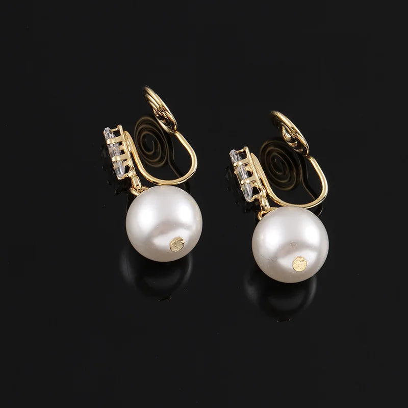 Elegant Pearl Drop Stud & Clip On No Piercing Zircon Crystal Gold Alloy Spiral Dangle Earrings