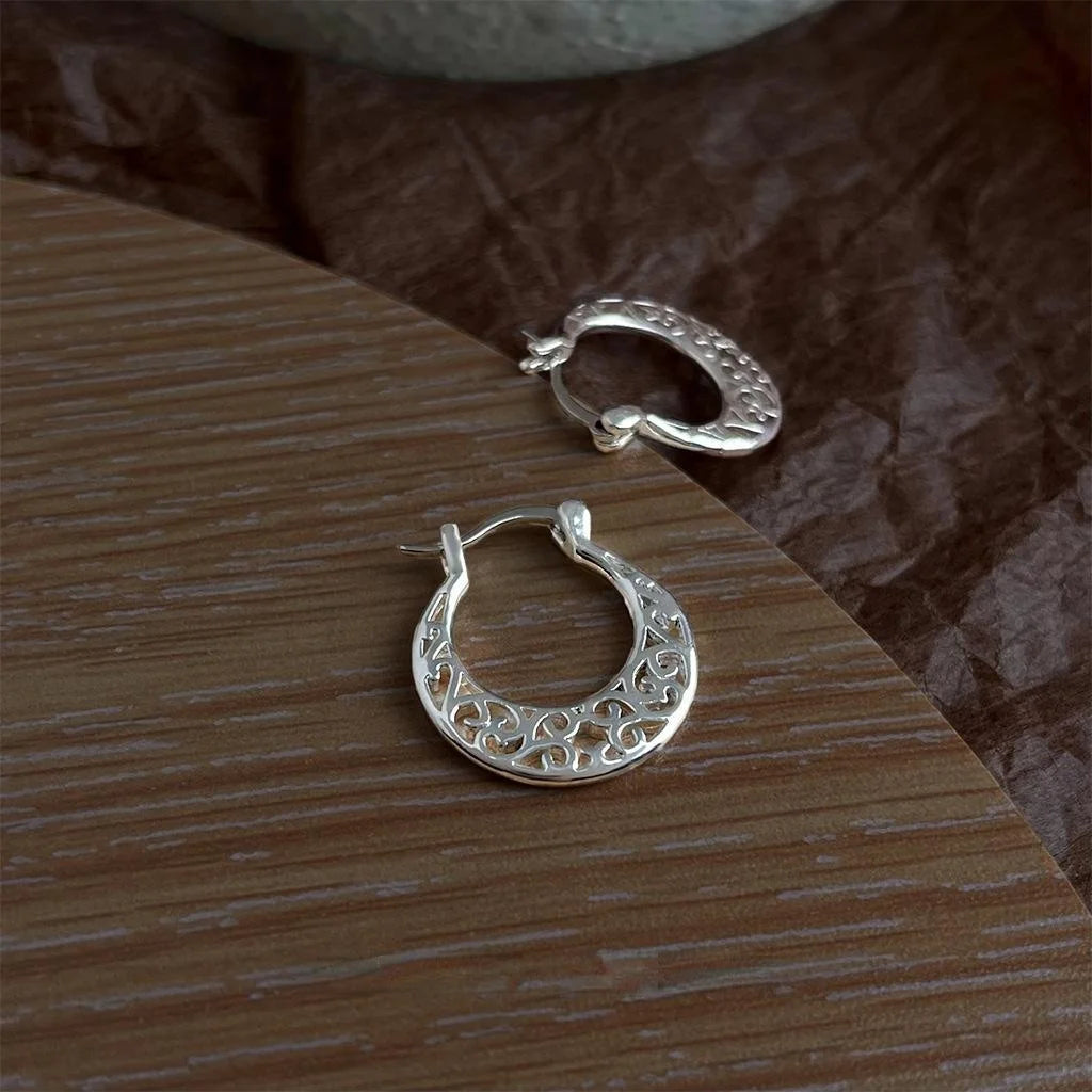 Silver Tone Copper Hollow Geometric Round U Shaped Stud Earrings New Chinese Ethnic Style