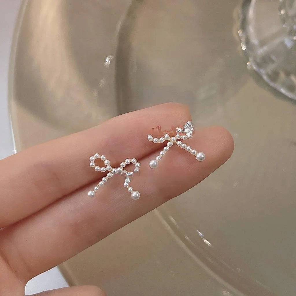 14K Plated Copper Mini Pearl Bow Stud Earrings For Women Cute Lolita Style Jewelry