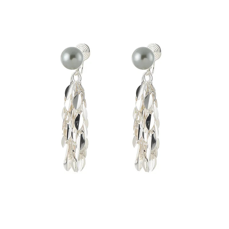 Elegant Silver Alloy Wheat Leaf Tassel Gray Pearl Stud & Clip On No Piercing Face Slimming Earrings