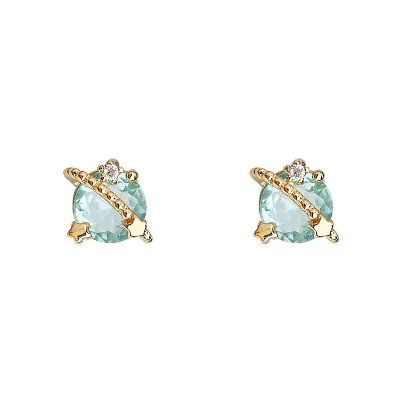 Chic Eco Copper Aquamarine Zircon Saturn Planet Round Stud Earrings For Women