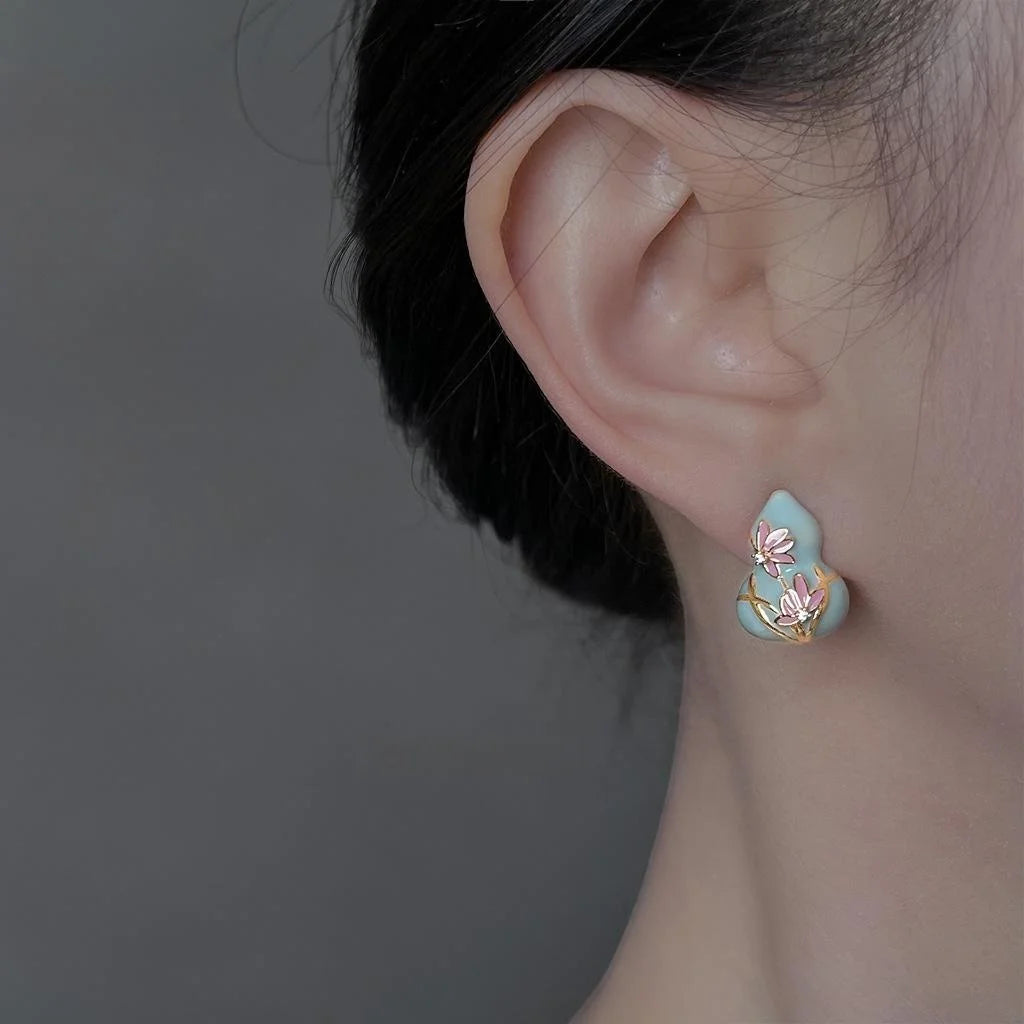 Chinese Style Enamel Painted Copper Lotus Gourd Stud Earrings