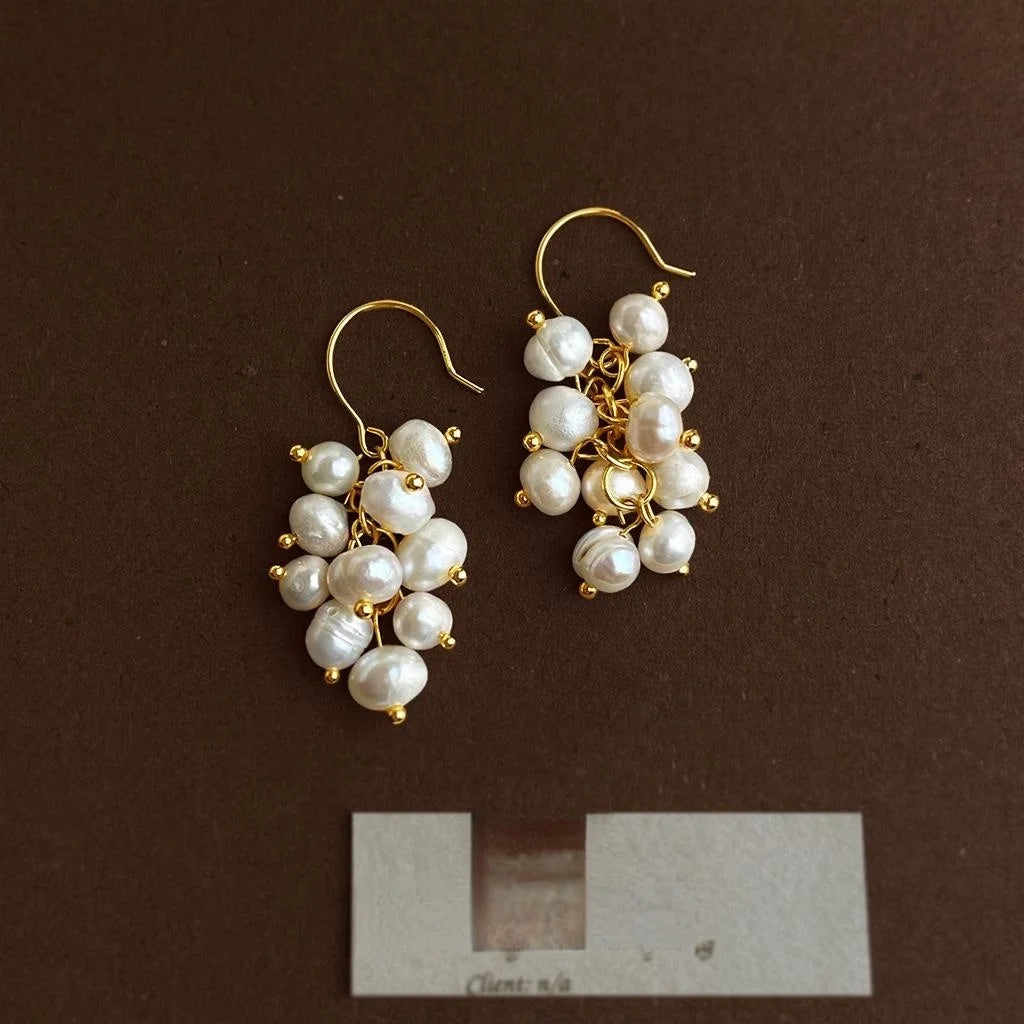 Irregular Freshwater Pearl Grape Cluster Tassel Drop Earrings Light Luxury Handmade Jewelry