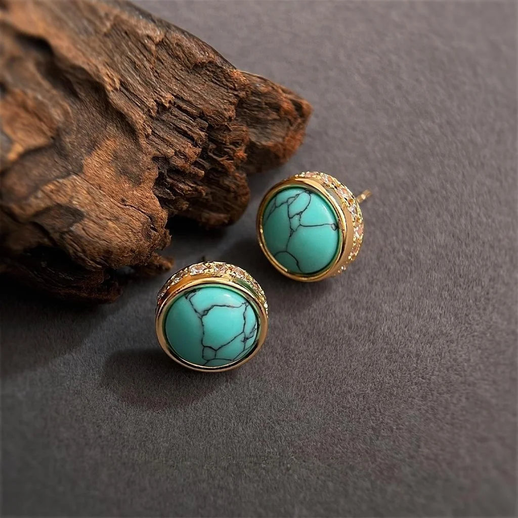 Vintage New Chinese Style Copper Synthetic Turquoise Zircon Round Stud Earrings