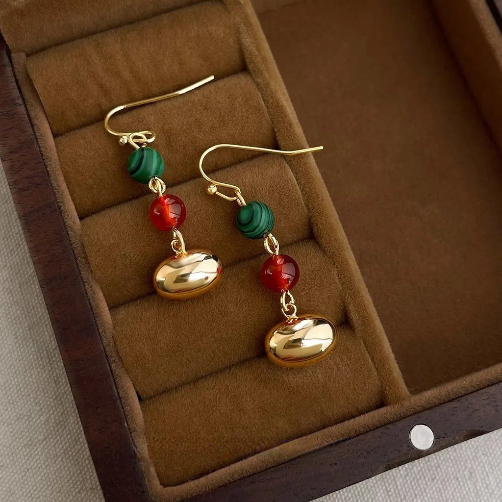 Vintage Handmade Red Agate Synthetic Malachite Copper Tassel Drop Earrings For Women