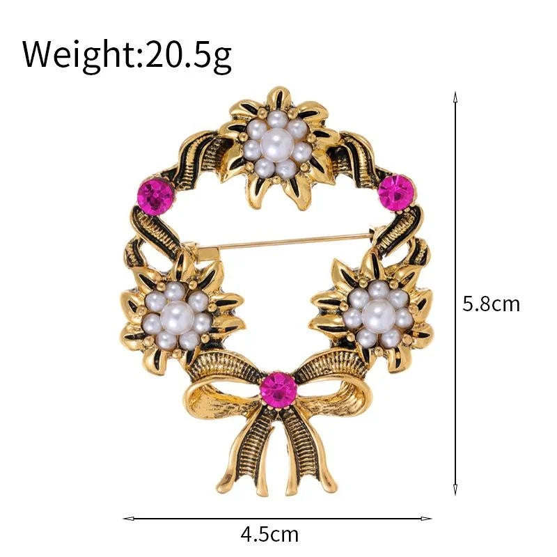 Vintage Gold Alloy Floral Wreath Brooch With Faux Pearl And Pink Rhinestone Bow, Elegant Lapel Pin Gift