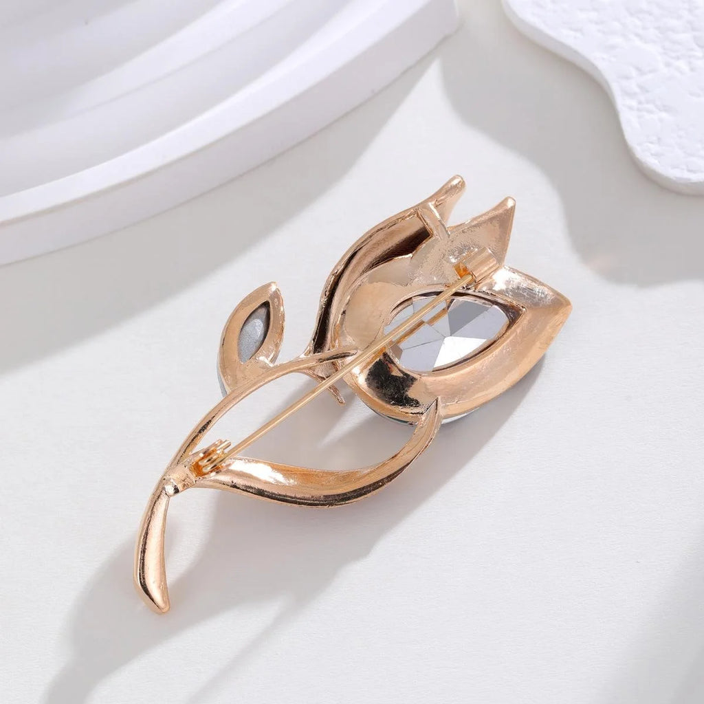 Elegant Glass Tulip Flower Brooch With Rhinestone Alloy Stem, Women's Lapel Pin Corsage Suit Accessory Gift