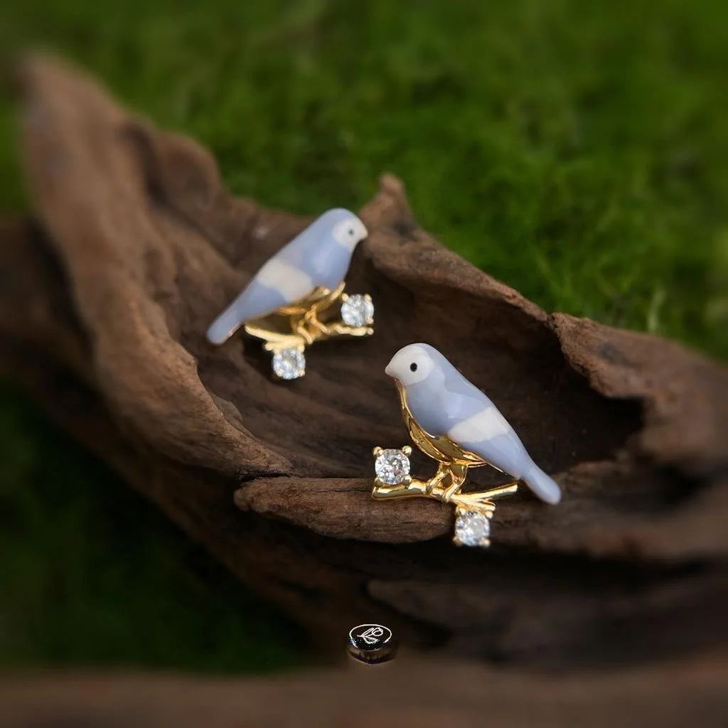 Copper Enamel Painted Bird Stud Earrings With Micro Pave Zircon, Forest Style Silver Plated Pins