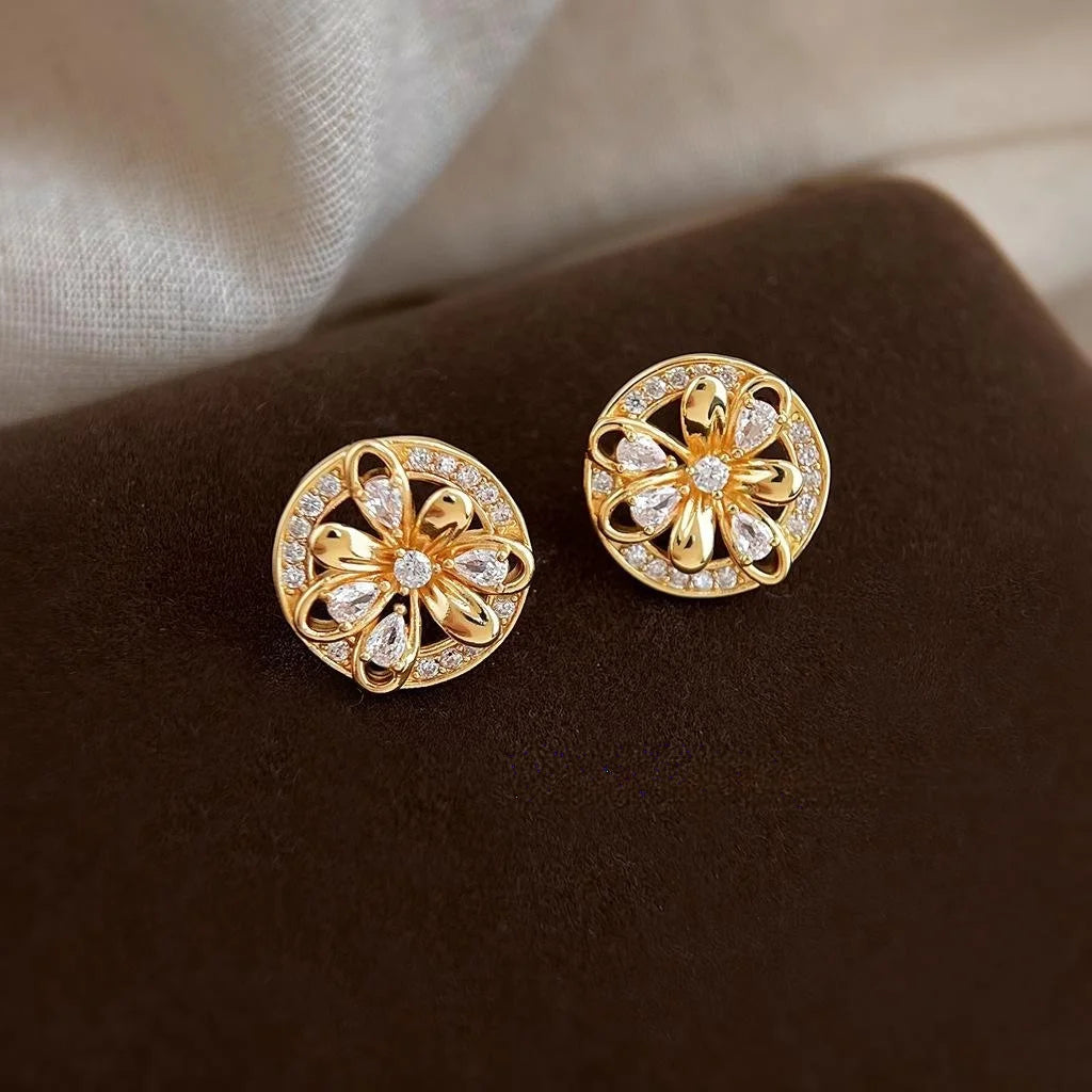 Old Money Vintage Floral Round Zircon Micro Pave Copper Stud Earrings