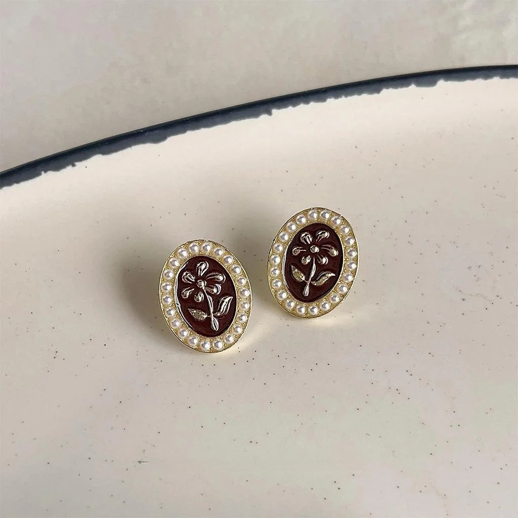 Vintage Burgundy Alloy Pearl Flower Stud Earrings Handmade Enamel Oval Hepburn Style