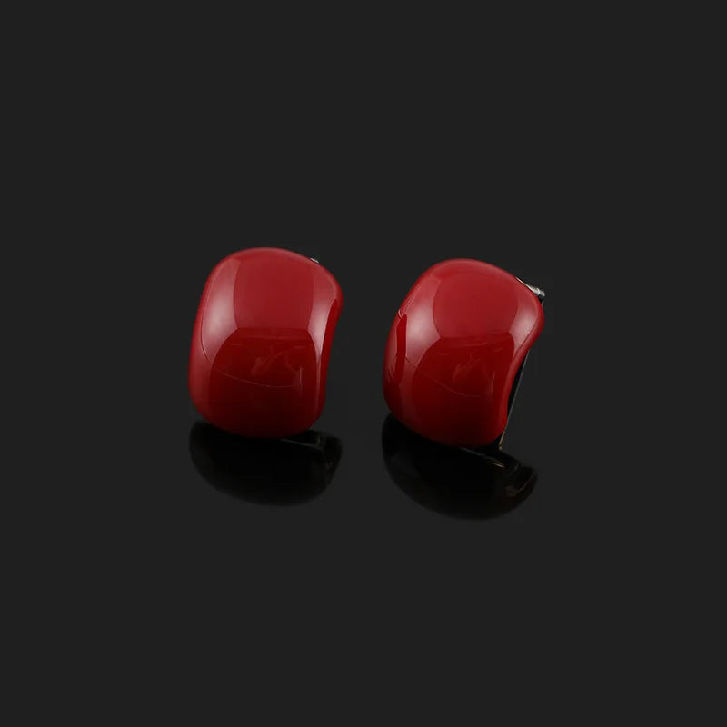 Vintage Red Bean Enamel Spiral Disc Alloy Stud & Clip On No Piercing Women Jewelry Earrings