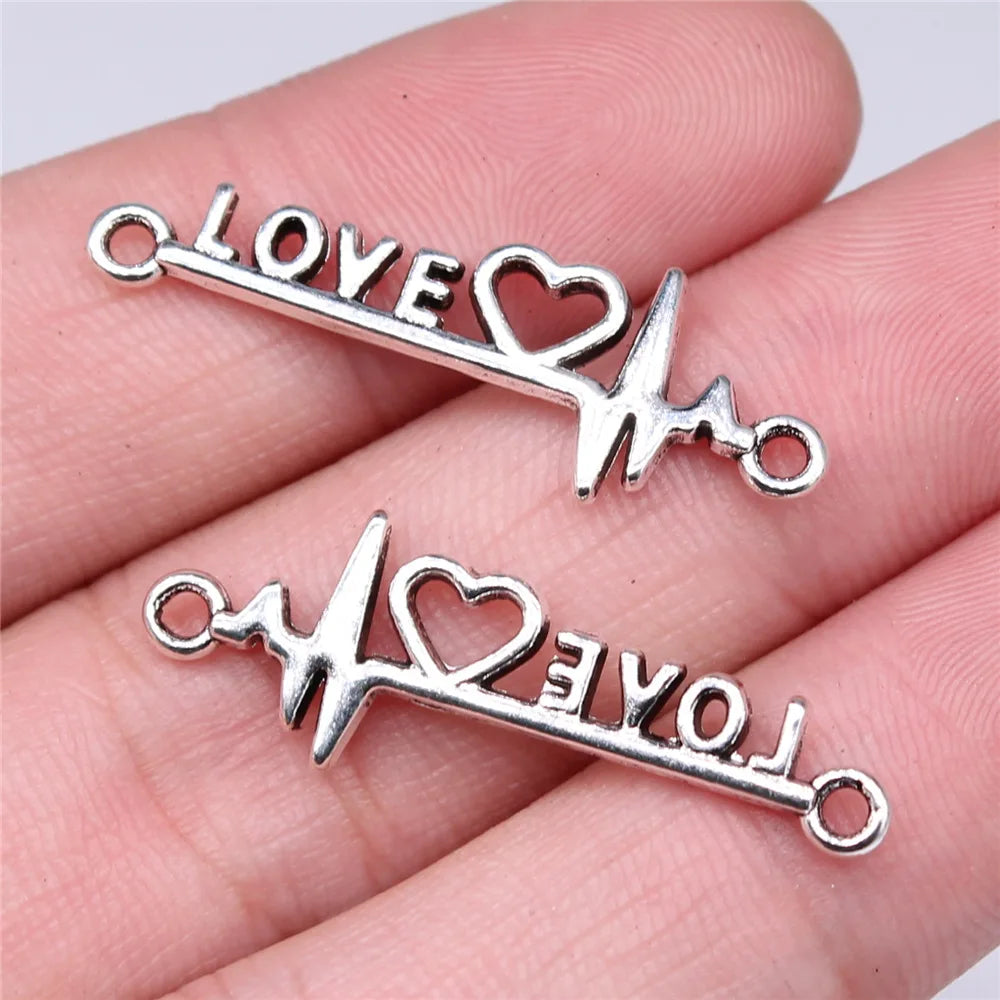 34x11mm 1.34g Antique Silver Zinc Alloy Love Heart ECG Connector Charm for DIY Bracelet Jewelry Making
