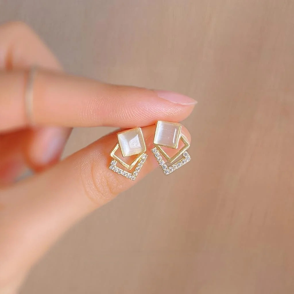 14K Gold Plated Copper Geometric Square Glass Cat Eye Zircon Stud Earrings For Women