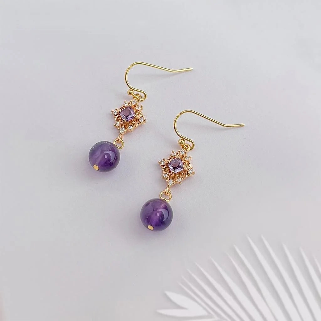 Handmade Copper Lavender Amethyst Zircon Floral Geometric Tassel Drop Earrings Court Style