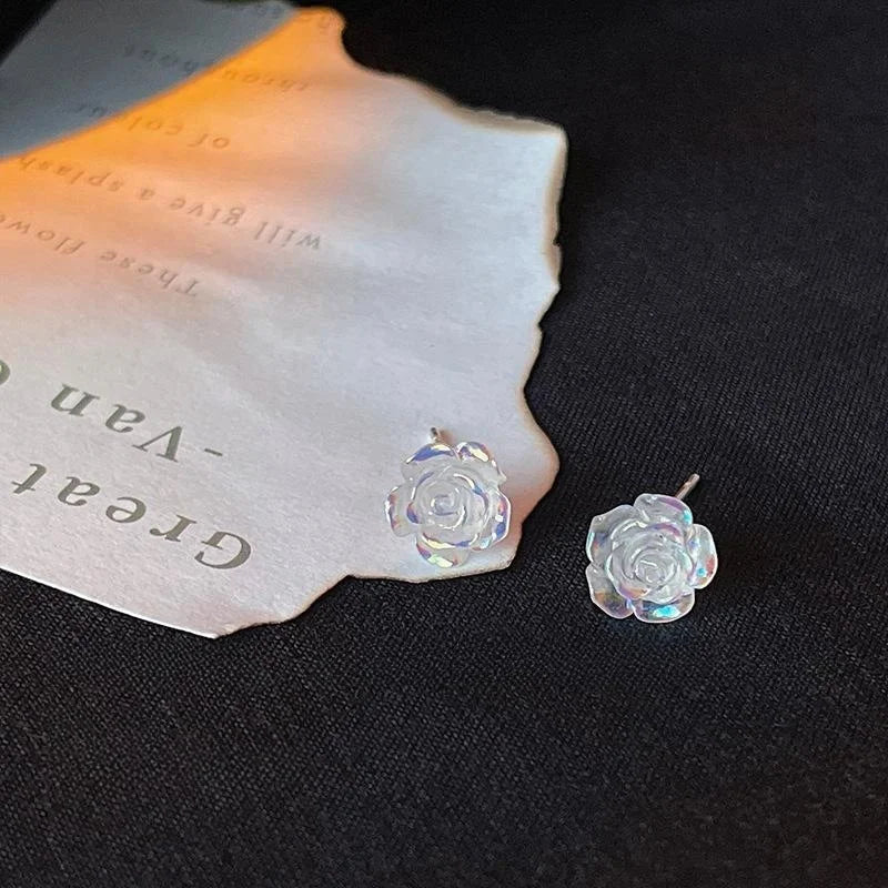 Transparent Colorful Resin Rose Flower Stud Earrings With Silver Plated Pins, Summer Jewelry