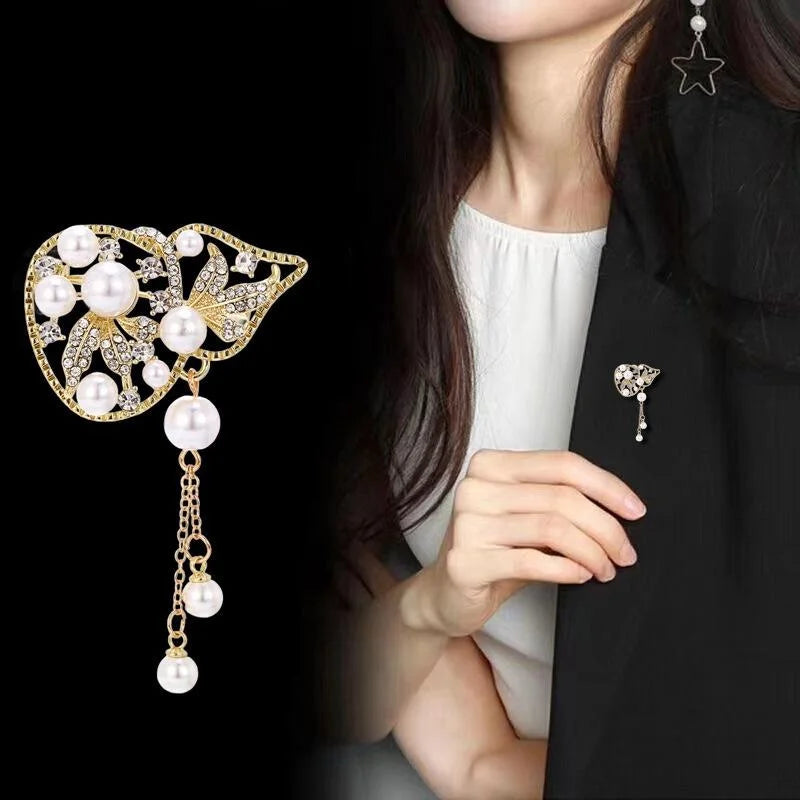 Vintage Pearl Gourd Tassel Brooch With Rhinestone Alloy Leaf Design, Elegant Lapel Pin Suit Accessory