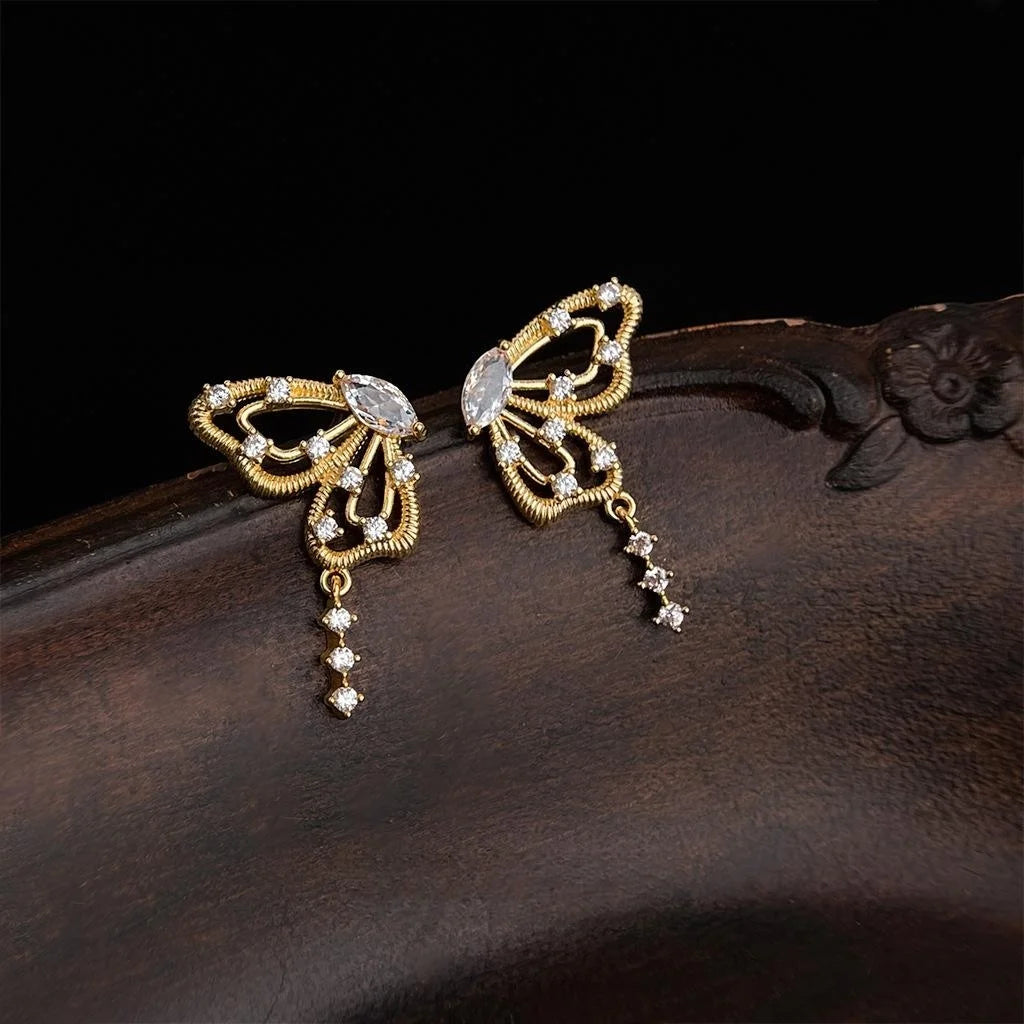 14K Gold Plated Butterfly Micro Pave Zircon Drop Earrings For Women, Elegant Fashion Jewelry