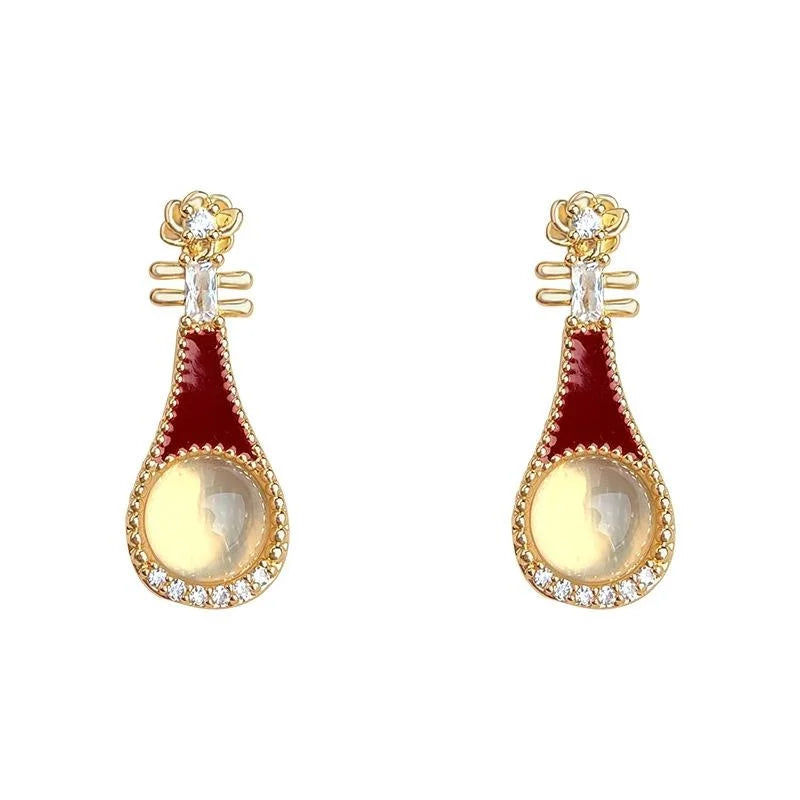 Chinese Style Pipa Agate Drop Earrings With Burgundy Enamel And Micro Pave Zircon