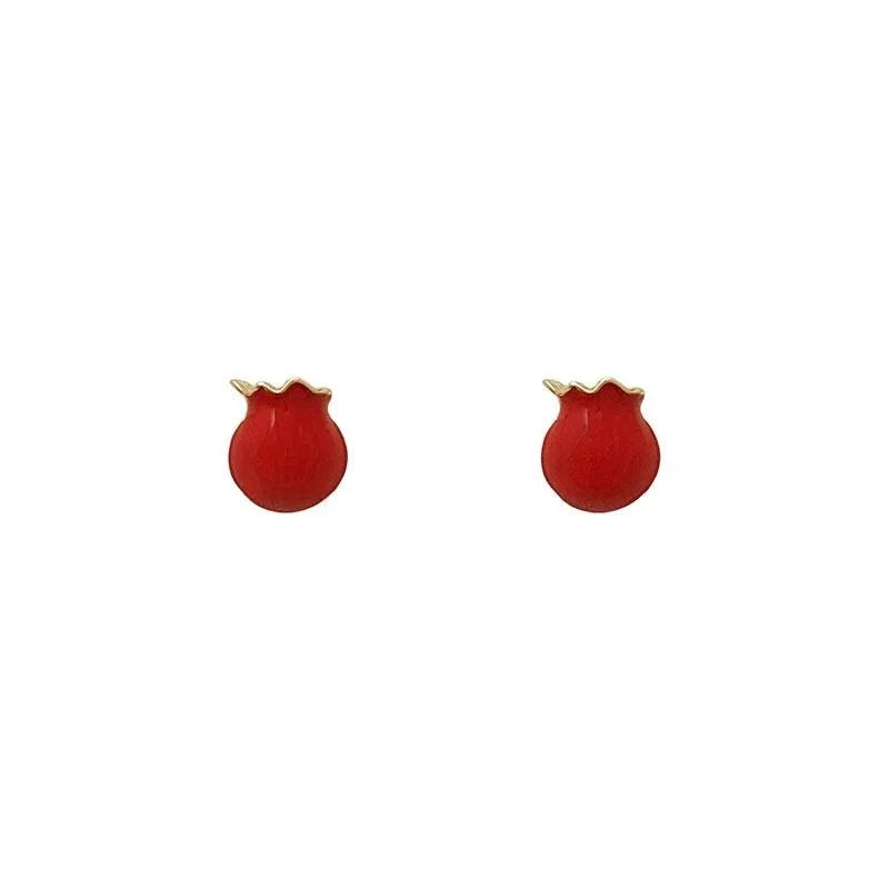 Copper Enamel Fortune Bag Stud Earrings Silver Plated Pin New Year Polka Dot Style Jewelry