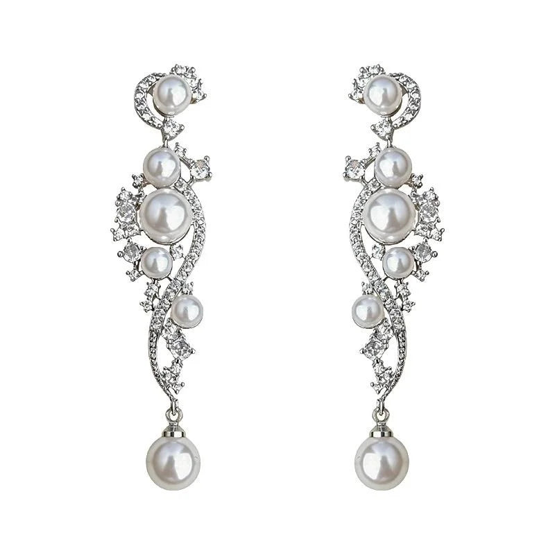 Luxury Copper Zirconia Faux Pearl Tassel Vine Geometric Drop Earrings for Evening Wear