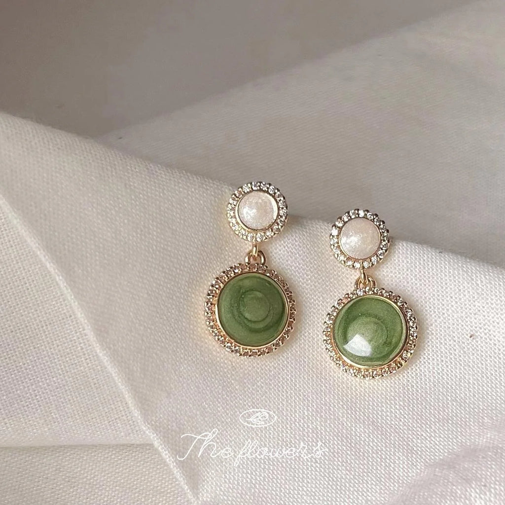 14K Plated Round Green Zircon Stud Earrings, Fresh Summer Colorblock Style
