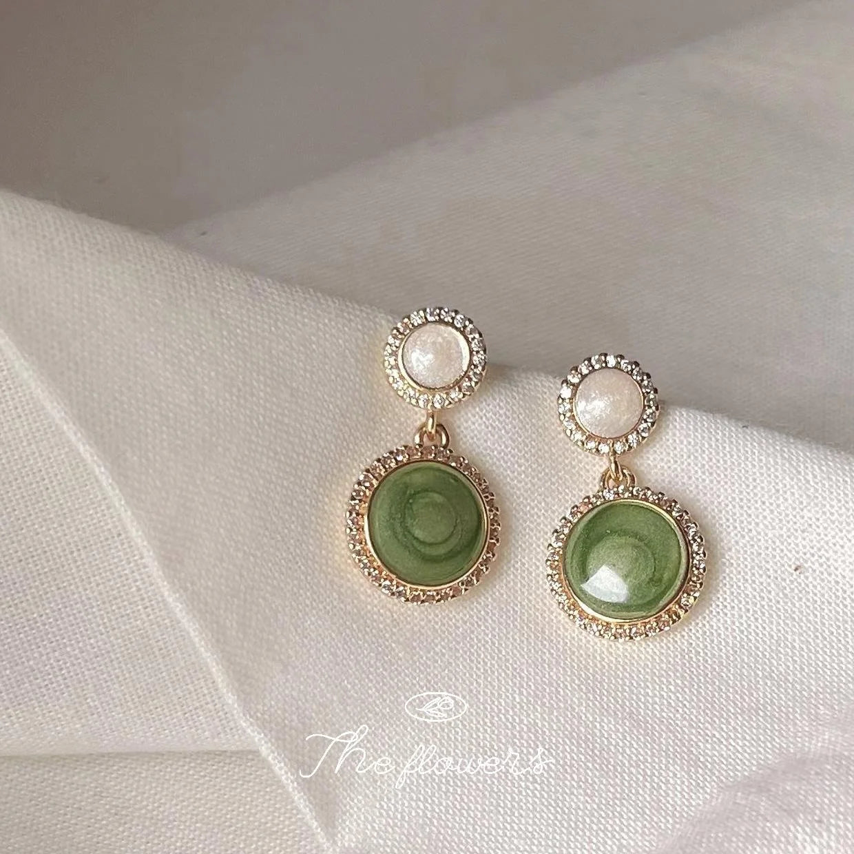 14K Plated Round Green Zircon Stud Earrings, Fresh Summer Colorblock Style