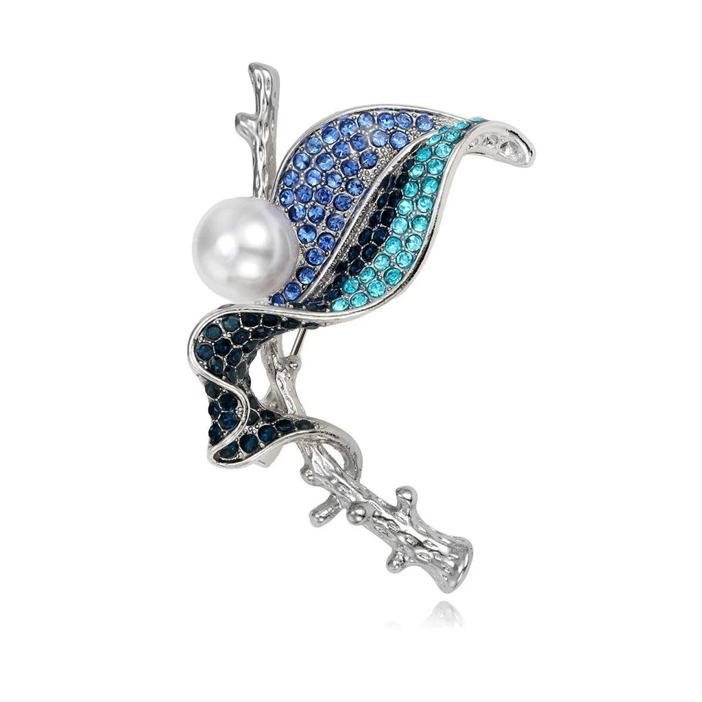 Elegant Pearl Leaf Brooch With Blue Rhinestone Alloy Branch, Luxury Lapel Pin Corsage For Suit And Sweater Gift