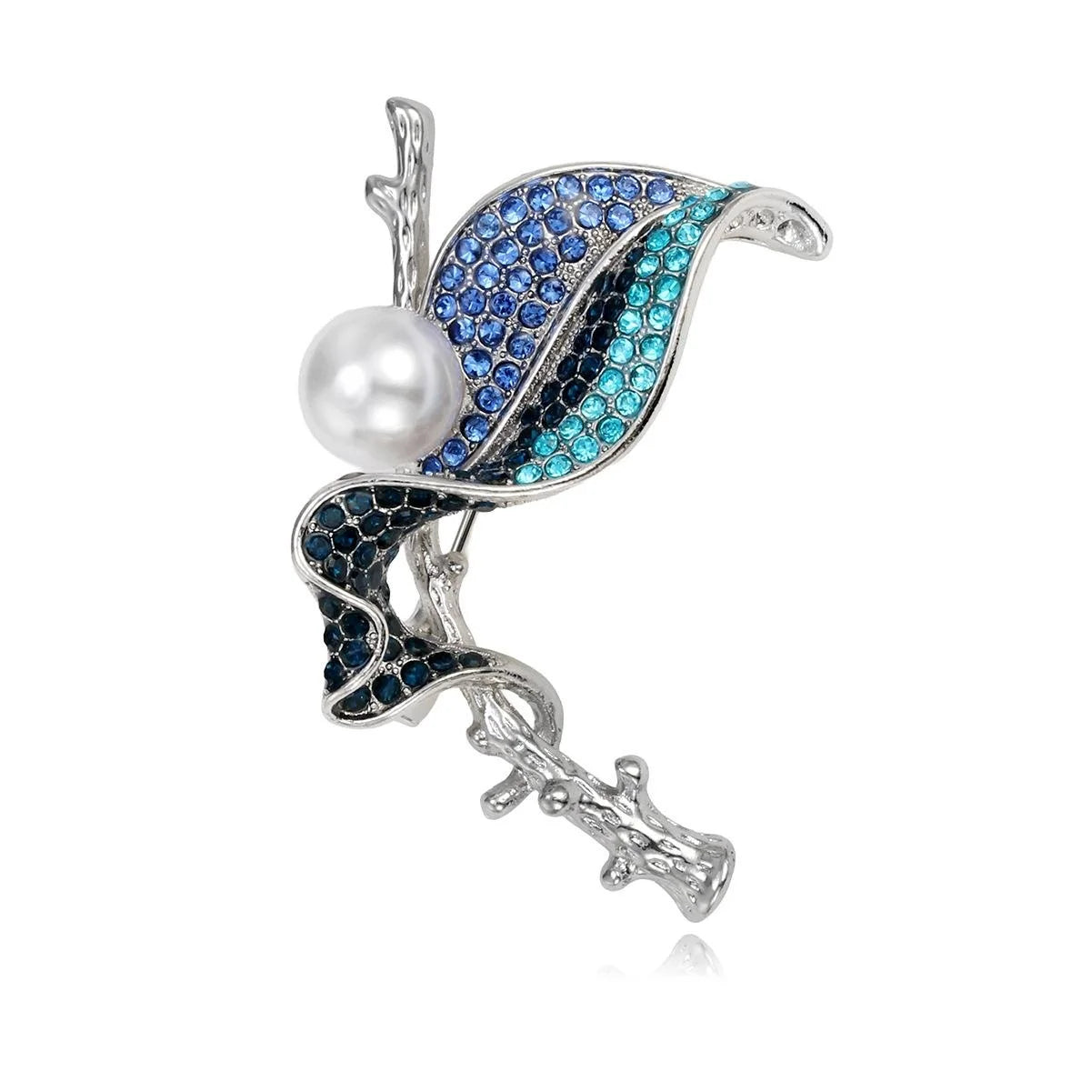Elegant Pearl Leaf Brooch With Blue Rhinestone Alloy Branch, Luxury Lapel Pin Corsage For Suit And Sweater Gift