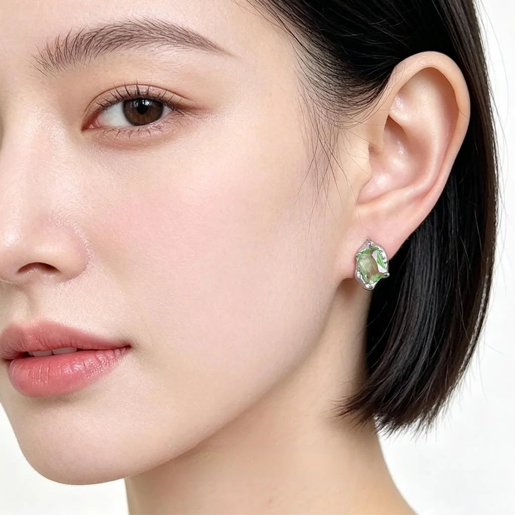 Fresh Grass Green Zircon Micro Pave Eco Copper Liquid Metal Irregular Geometric Stud Earrings