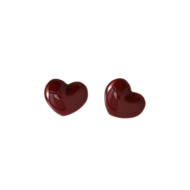 14K Plated Alloy Heart Stud Earrings Burgundy Enamel Milky White Korean Japanese Style