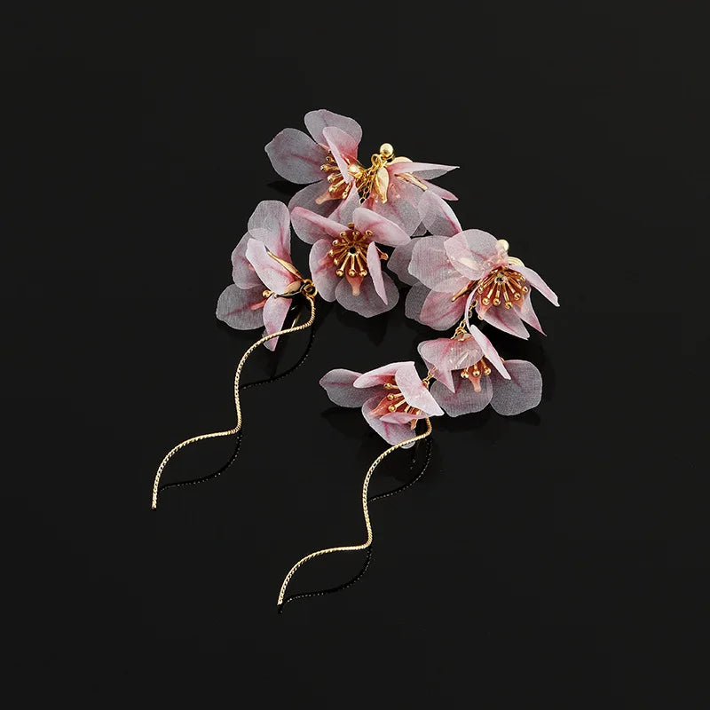 Elegant Pink Flower Alloy Tassel Stud & Clip On No Piercing Luxury Fairy Statement Drop Earrings