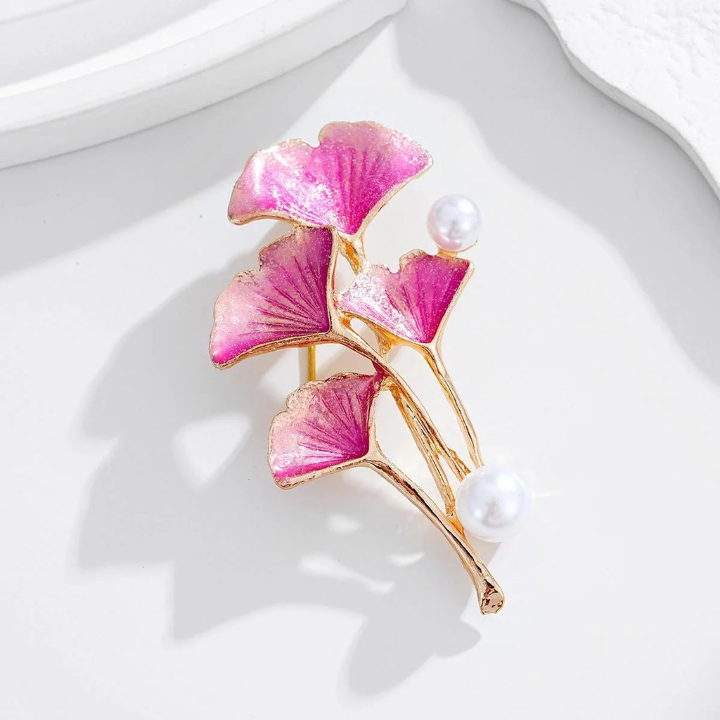 Elegant Pink Enamel Ginkgo Leaf Brooch With Pearl Accents, Gold Tone Alloy Lapel Pin Dress Suit Gift
