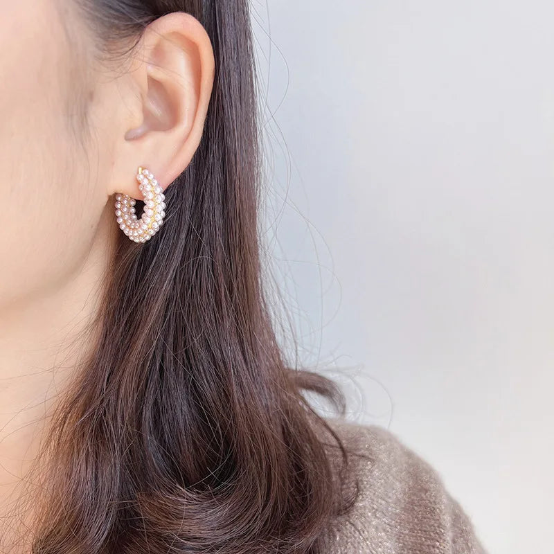 Elegant Faux Pearl Round Hoop Stud & Clip On No Piercing Gold Alloy Luxury Statement Earrings