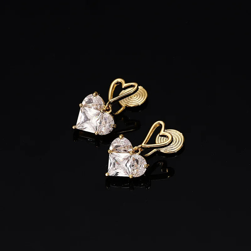 Elegant Heart Zircon Alloy Spiral Stud & Clip On No Piercing Gold Plated Fashion Jewelry Earrings
