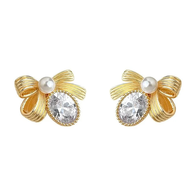 Luxury Bowknot Geometric Zircon Silver Plated Copper Pearl Stud Earrings for Women