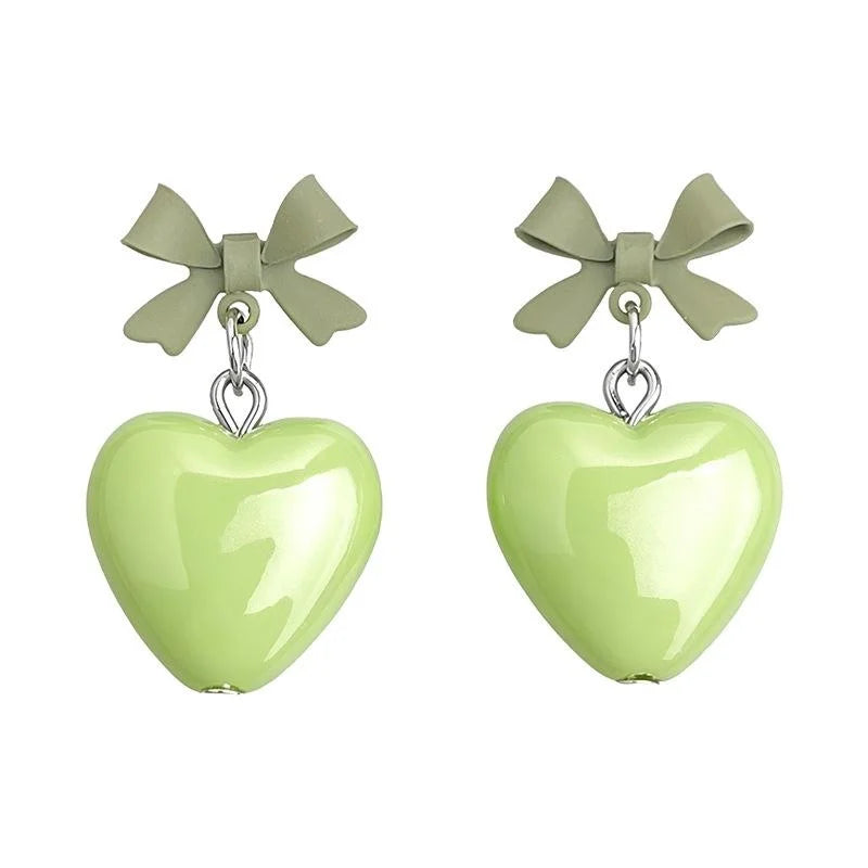 Avocado Green Resin Bow Heart Drop Earrings Sweet Fresh Dopamine Style Yiwu Jewelry