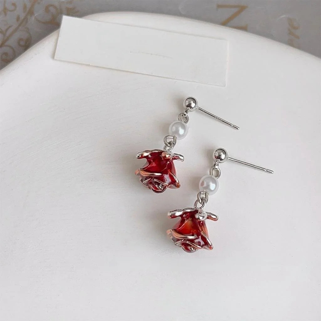 French Vintage Enamel Rose Flower Copper Drop Earrings
