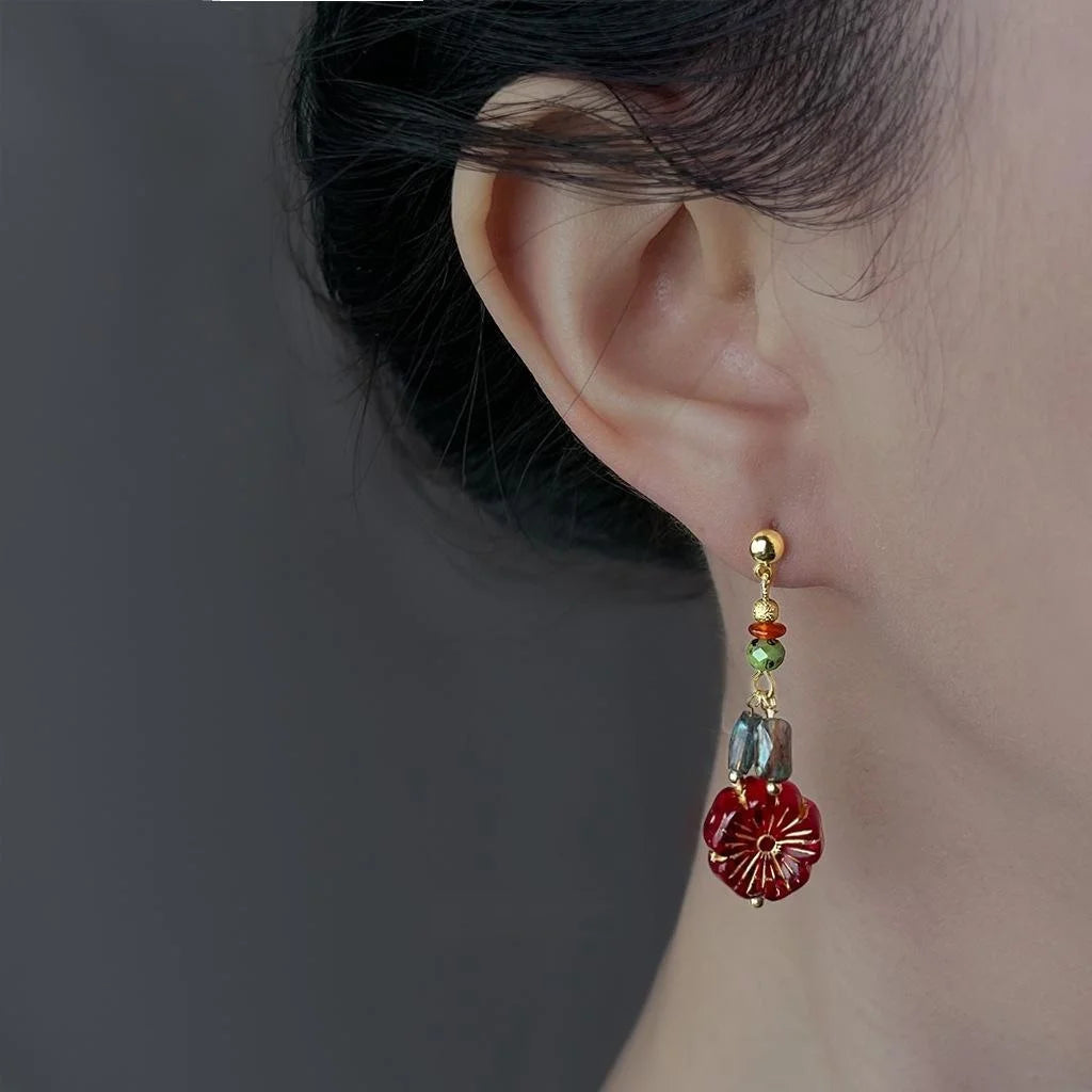 Vintage Ethnic Czech Glass Flower Petal Tassel Drop Earrings Handmade Floral Jewelry