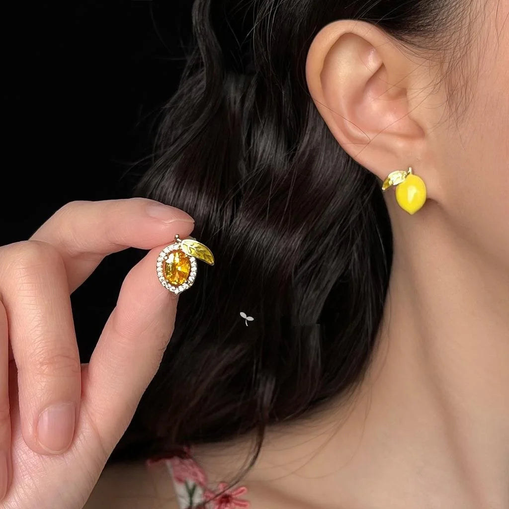 Summer Lemon Asymmetric Stud Earrings With Silver-Plated Pins, Micro Pave Zircon And Hand-Enamel Fruit Design