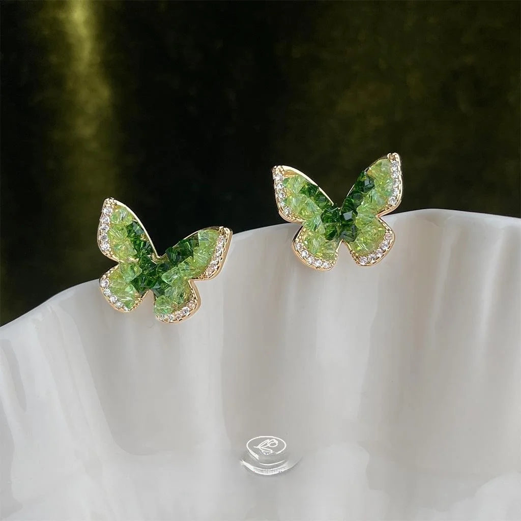 Pastoral Butterfly Micro Pave Zircon Glass Crystal 14K Plated Copper Stud Earrings