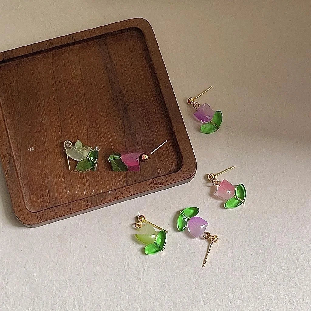 Fresh Forest Style Handmade Glass Glaze Tulip Stud Earrings With Silver Plated Pins
