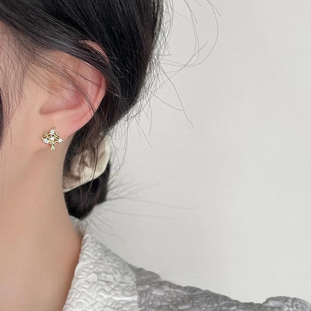 Micro Pave Zircon Floral Bouquet Copper Stud Earrings Simple Vintage Sweet Small Jewelry