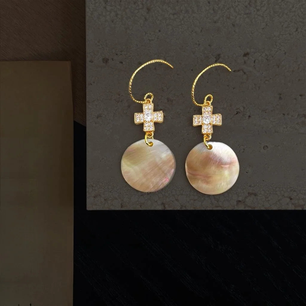 French Vintage Copper Natural Shell Micro Pave Zircon Geometric Round Drop Earrings
