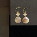French Vintage Copper Natural Shell Micro Pave Zircon Geometric Round Drop Earrings