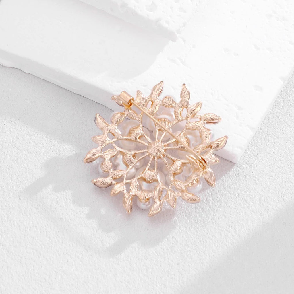 Elegant Pearl Flower Brooch With Rhinestone Leaves, Silver Alloy Floral Lapel Pin Corsage Gift
