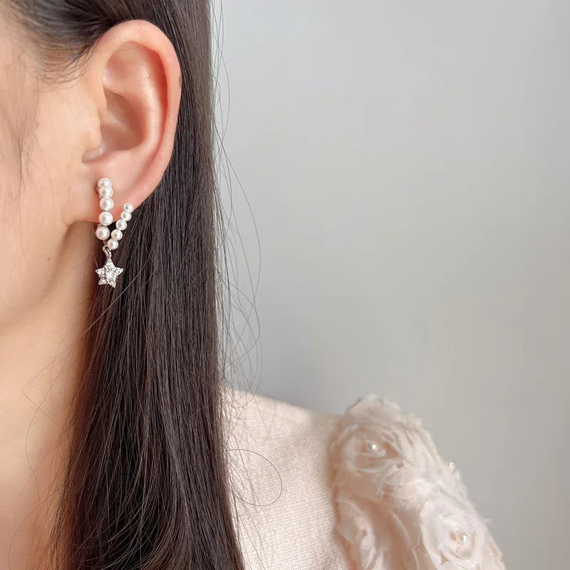 Elegant Pearl Meteor Star Drop Stud & Clip On No Piercing Alloy Rhinestone Spiral Ear Cuff Earrings