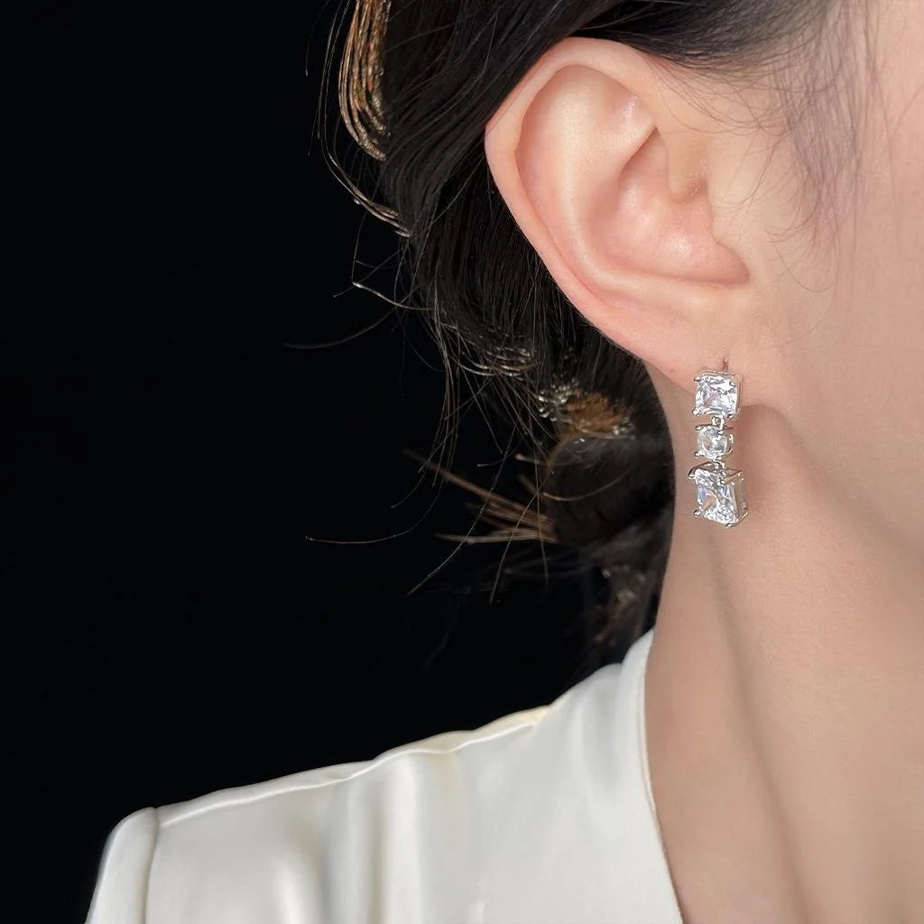 Light Luxury Micro Pave Zircon Square Geometric Long Tassel Eco Copper Stud Earrings