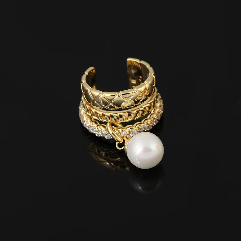 Luxury Gold Alloy Heart Ear Cuff With Pearl Rhinestone Chain, Stud & Clip On No Piercing Earrings