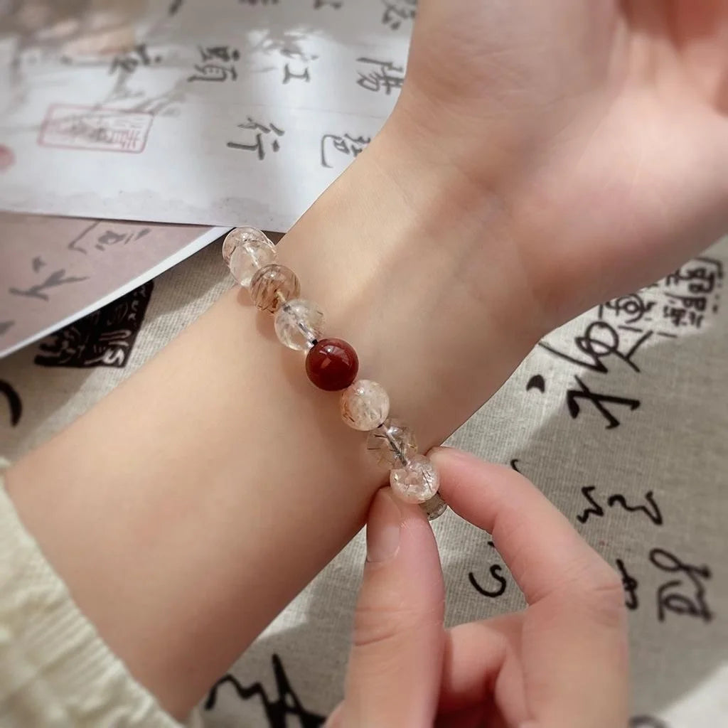 Natural Stone Red Rutilated Quartz Crystal Beaded Bracelet New Chinese Ethnic Geometric Designer Style